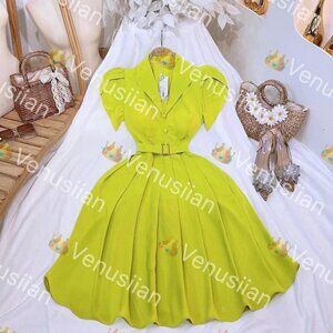 CHARTREUSE GREEN PADDED SHIRTWAIST MIDI DRESS VINTAGE STYLE WOMEN'S CLOTHING